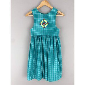 Fast Friends Vintage School Dress Embroidered Sleeveless Teal White Gingham 8
